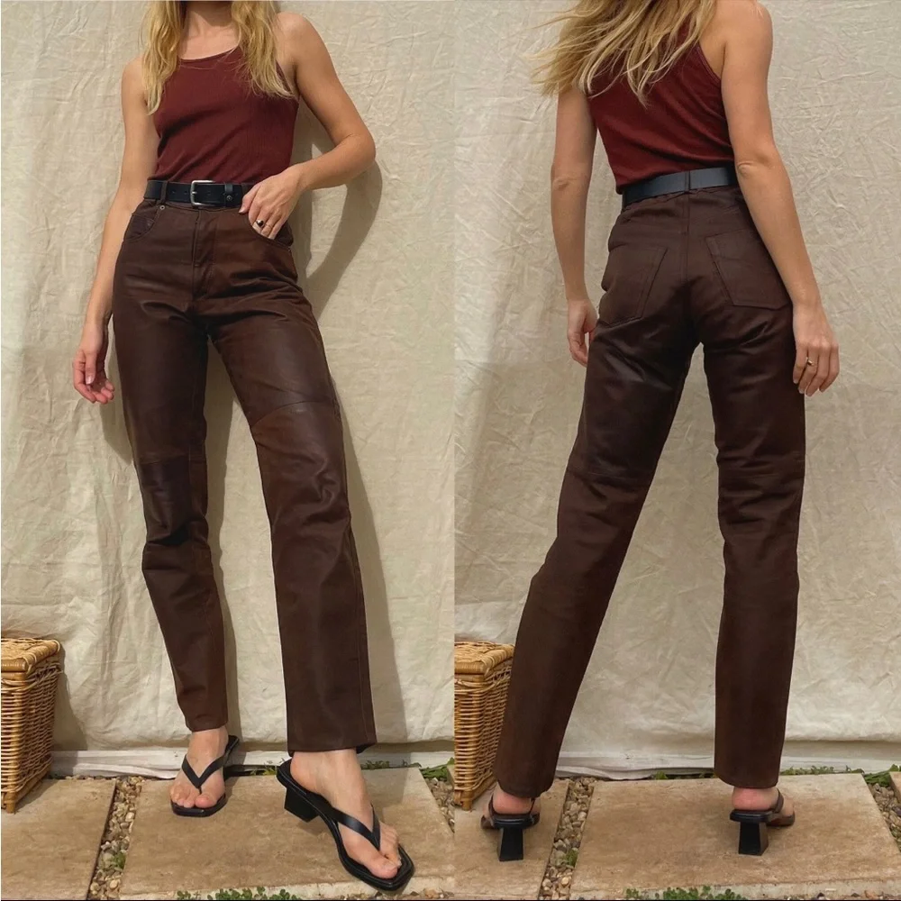 Vintage ‘80s brown leather high rise trousers / slim straight leg /biker/women - Picture 2 of 9